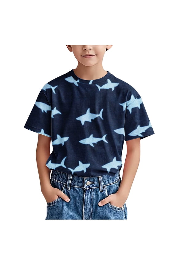 Boys Short Sleeve T Shirts Kids Summer Crewneck Tops Shark Pattern Loose Fit Tees For 1-12Y