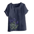 thumbnail image 4 of LEKWK Womens Linen Blouse Lavender Flower Print Basic Tees Short Sleeve Cute Tops Side Button Crew Neck Garden Nature Outfits, 4 of 5