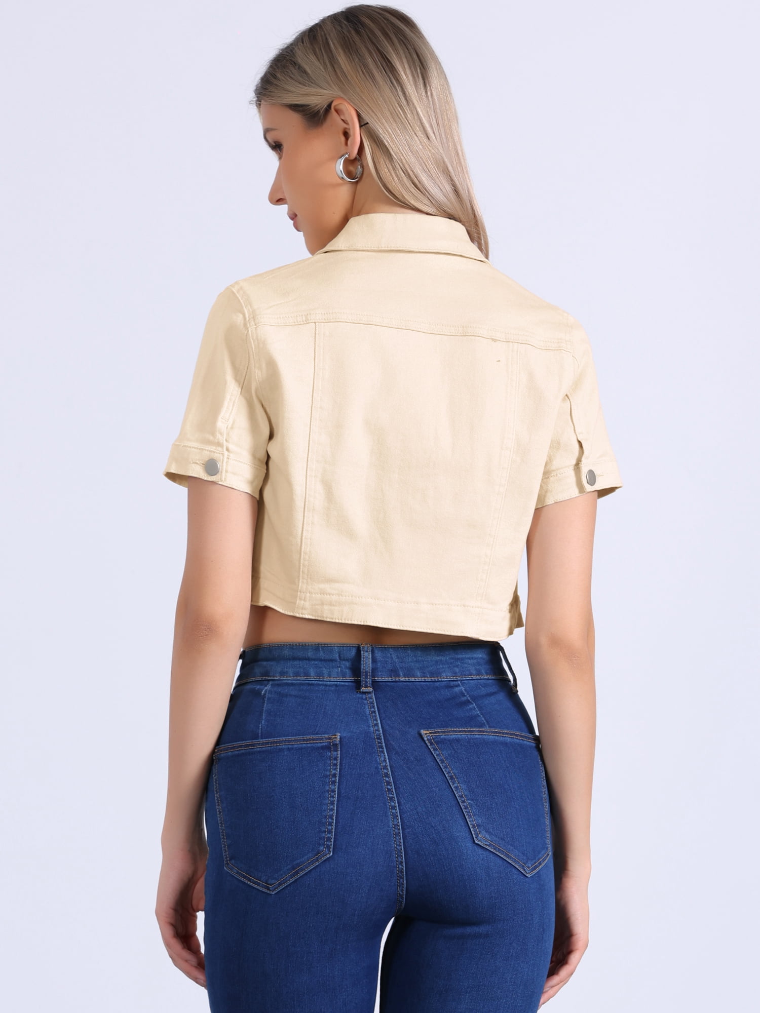 DARING DIVA Women's Denim Turndown Collar Short Sleeves Crop Jean Jackets L Apricot