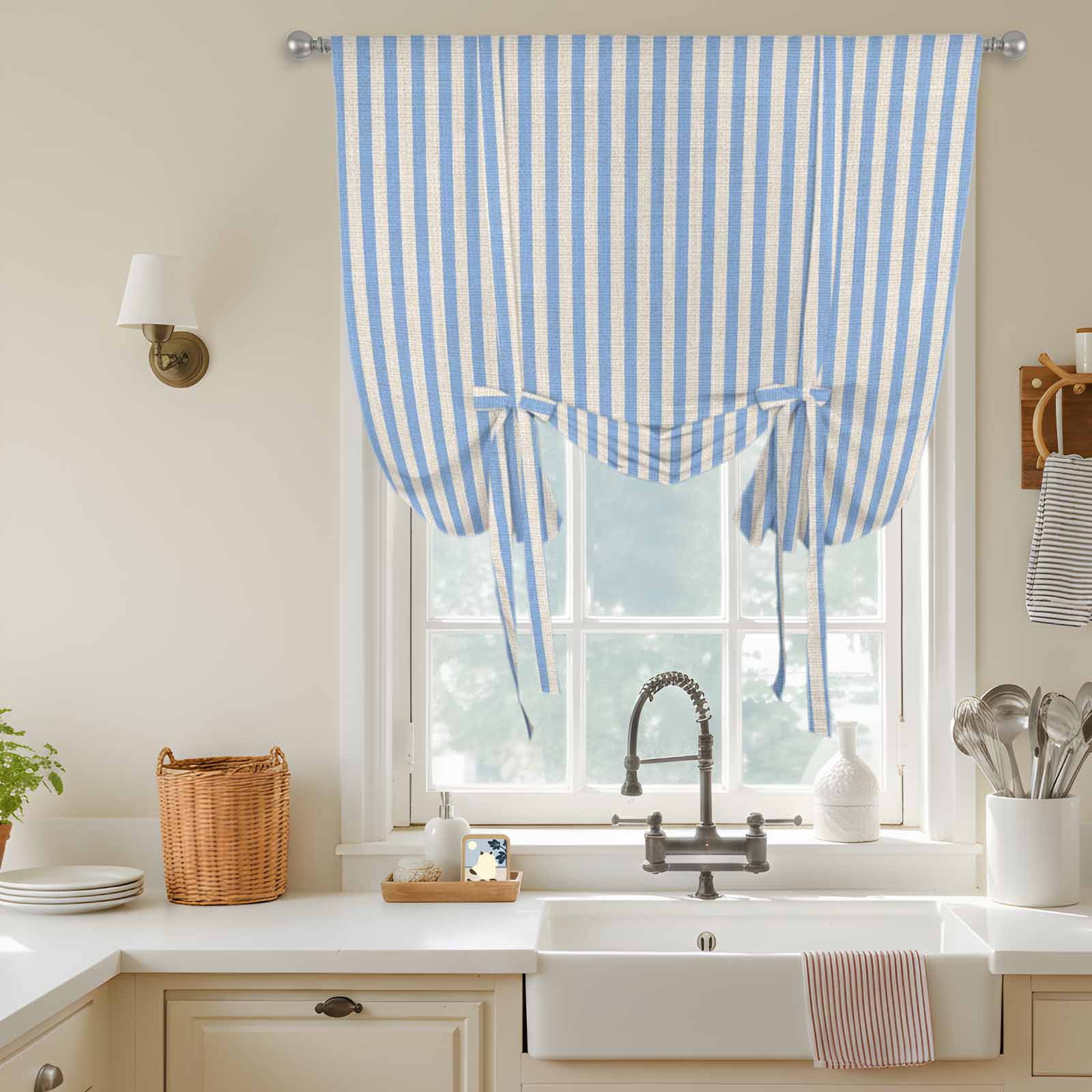 Simple White Striped Tie Up Curtain for Window, Blue Stripe Vintage Linen Texture Adjustable Tie Up Balloon Curtain Valances Rod Pocket Window Treatment for Kitchen Bathroom Bedroom 34"x45"