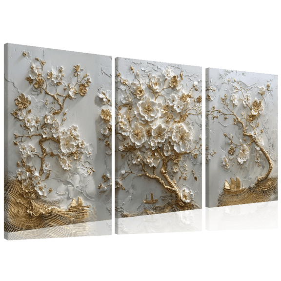 2D Flat, 3pcs Frameless Chinese-Style Golden Tree and Flower Triptych Canvas Poster Print for Living Room, Bedroom, Office, Dining Room Wall Decor, Home Decoration