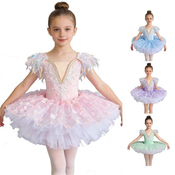 WAYUTE Girls Dress V Neck Emborider Lace Mesh Layered Ballet Tutu Dance Dress for Stage Performances with Flowy Skirt and Bodice,Pink