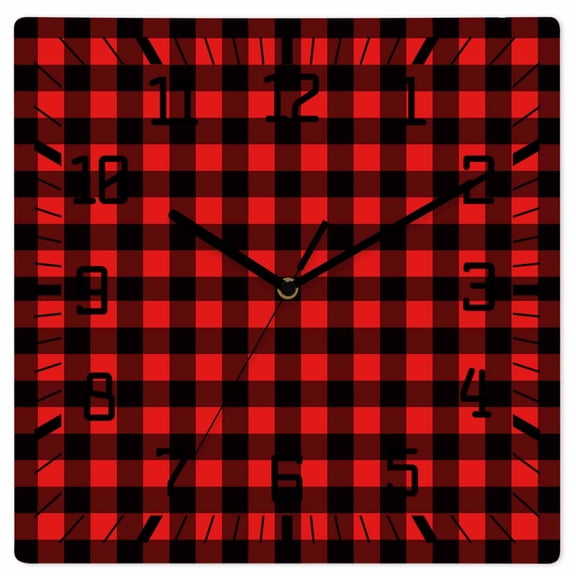 Black Red Plaid Wooden Wall Clock Silent Non Ticking, Vintage Rustic Buffalo Checked Gingham Square Wall Clocks Battery Operated, Decor Clock for Home Office, Living Room, Kitchen, 12 Inch