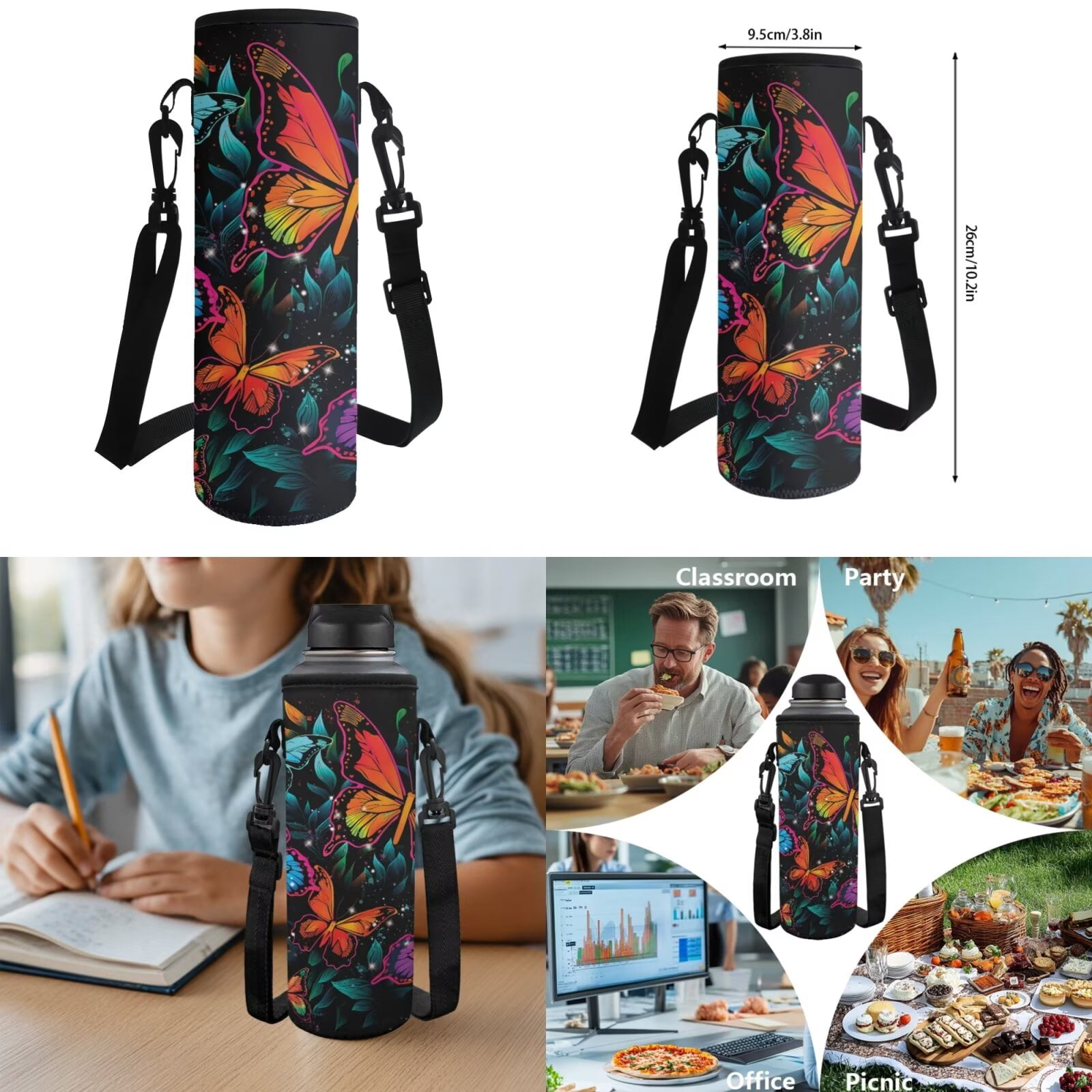 Pzuqiu Colorful Butterfly Girls Backpack with Lunch Box Pencil Case Water Bottle Holder 17 Inch Backpacks for School Girls with Adjustable Shoulder Strap, 4pcs Large Student Bag