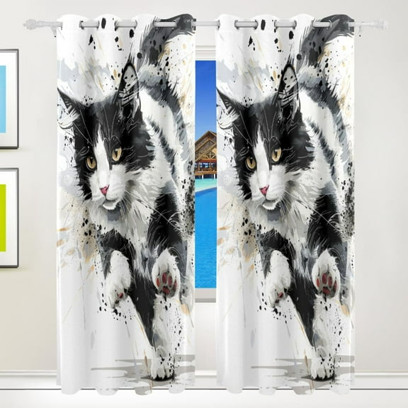 Black and White Cat Run Black Out Curtains 84 Inch Length for Bedroom Living Room Windows 2 Panels Set