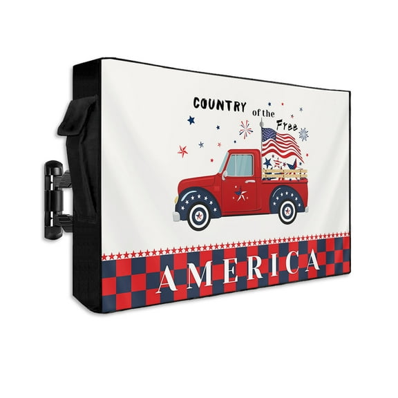 Red Truck with American Star Flag Outdoor TV Cover 30 to 32 Inch Weatherproof, Country Buffalo Checker 600D Oxford TV Covers with Waterproof Zipper, Outside Flat TV Screen Protector 30"Wx19"Hx4.5"D