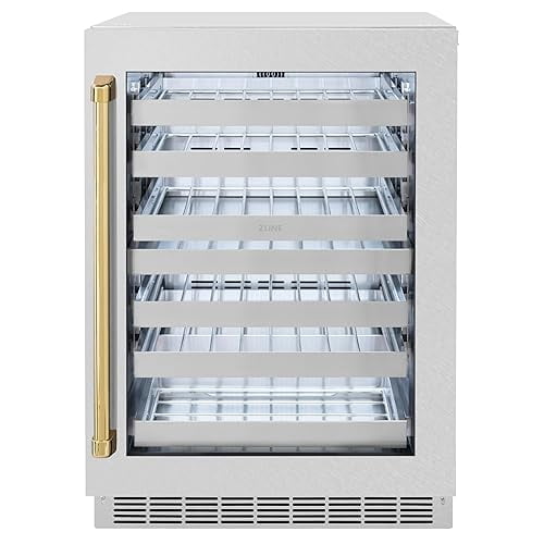 ZLINE Autograph Edition 24 in. Touchstone Dual Zone 44 Bottles Wine Cooler With DuraSnow Stainless Steel Glass Door And Polished Gold Handle (RWDOZ-SN-24-G)