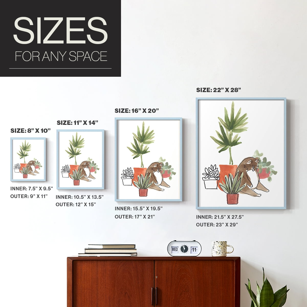 Purrfect Plants II Framed Print in Blue Solid Wood Framed Print No Nail Hanging