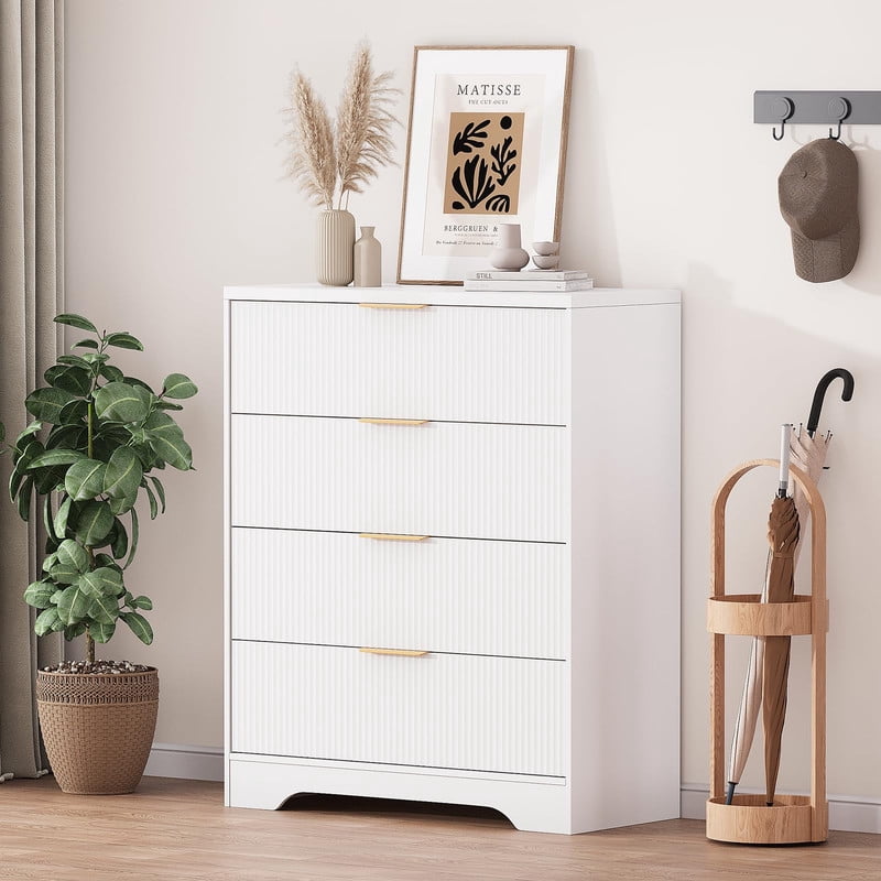 TROPOW 4 Drawers Dresser for Bedroom, Fluted Dresser Chest of Drawers with Handle, Wood Modern Dressers for Closet, Bedroom Furniture Storage Organizer for Living Room, Hallway