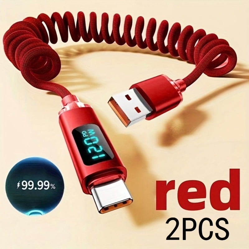 2pcs USB A to Type-C Super Fast Charging Data Cable | 3.3/6.6 Feet, Nylon Braided, Retractable, Compatible with Apple, Huawei, Samsung, Oppo, 50W Power Output, Tangle-free
