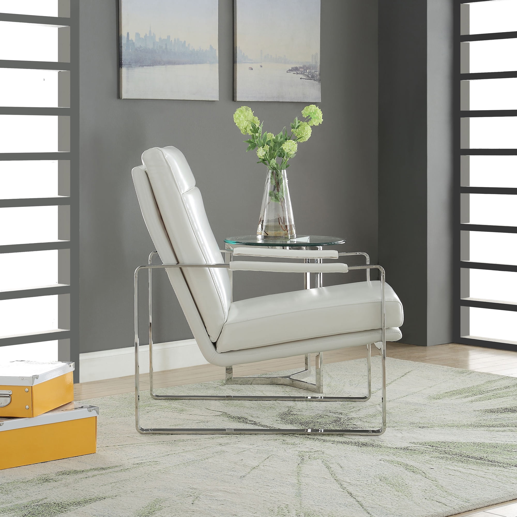 ACME Rafael Upholstery Accent Chair in White and Stainless Steel
