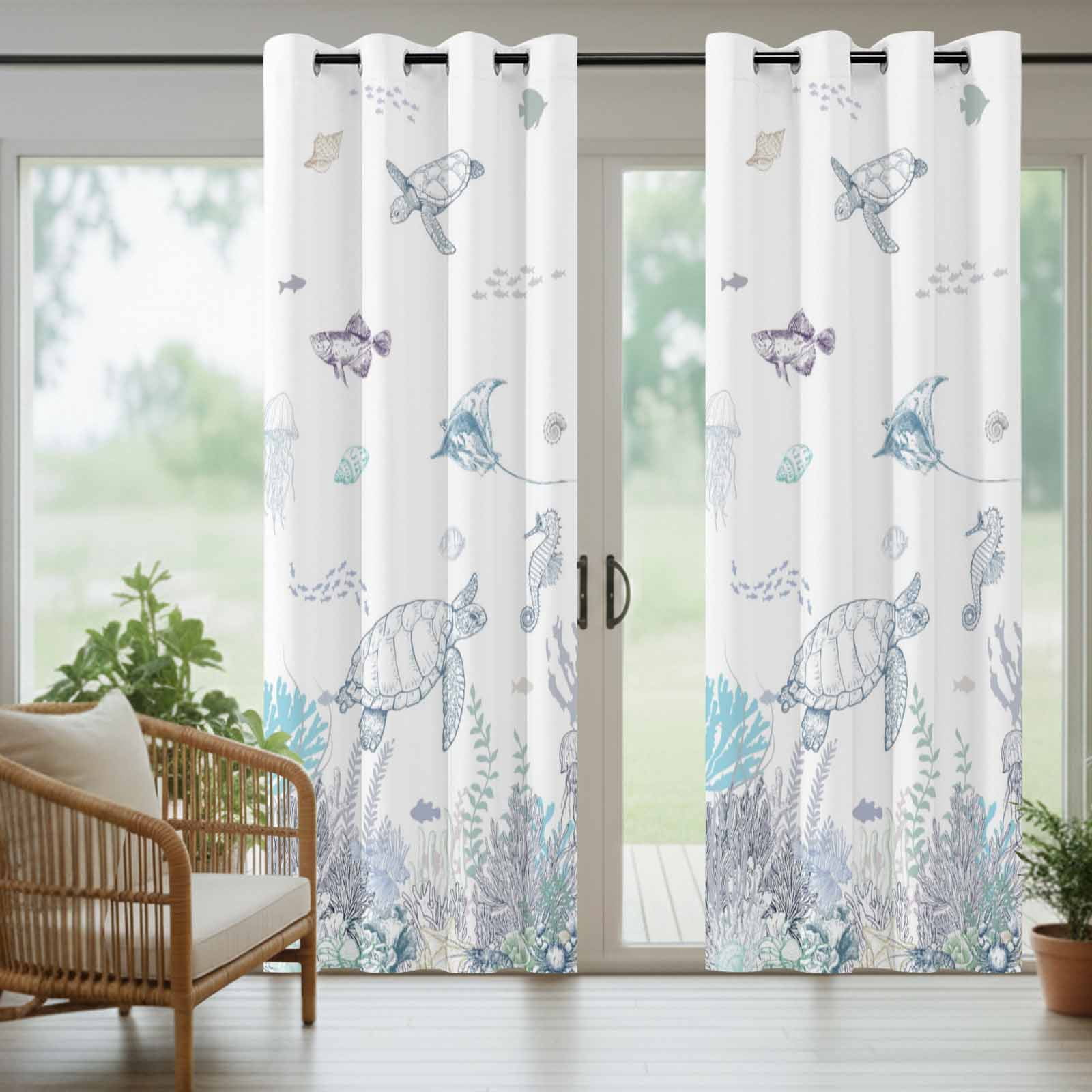 Ocean Coastal Outdoor Curtains for Patio, Sea Turtle Coral Starfish Seaweed Hand Drawn Sunshade Privacy Drapes Grommet Waterproof Outside Curtains for Porch/Cabana/Balcony 54"x 108", 1 Panel