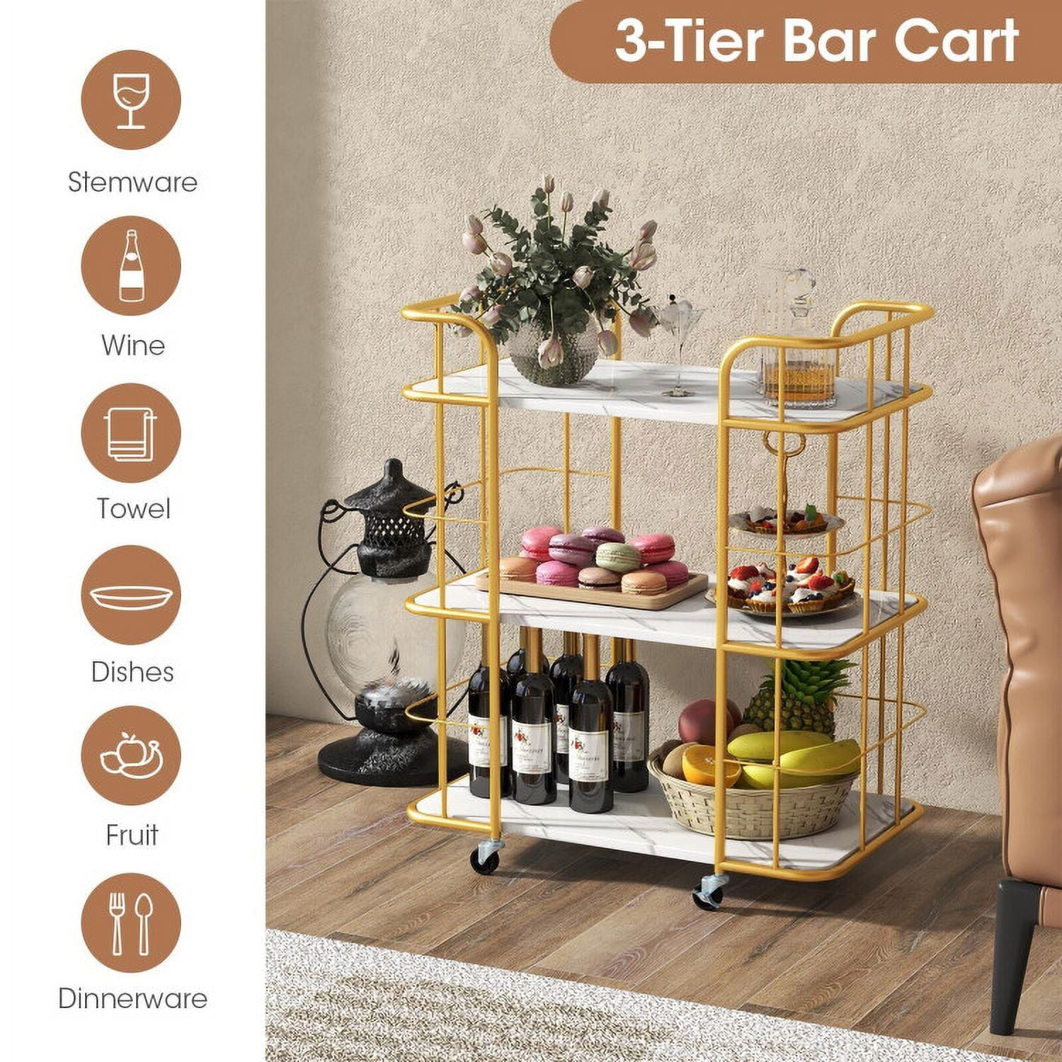 Finihen Rolling Cart, Kitchen Island Cart, 3-Tier Metal Kitchen Storage Serving Cart Trolley with Marble Tabletop and Handles, for Kitchen, Dining Room, Golden Finihen Rolling Cart, Kitchen Island Cart, 3-Tier Metal Kitchen Storage Serving Cart Trolley with Marble Tabletop and Handles, for Kitchen, Dining Room, Golden
