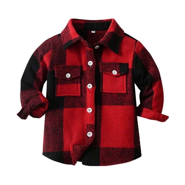 Chemise Manteau Veste à Carreaux à Manches Longues pour Petits Garçons, Hauts à Boutons avec Col pour Enfants, Vêtements d'Extérieur Rouges Taille 5-6T