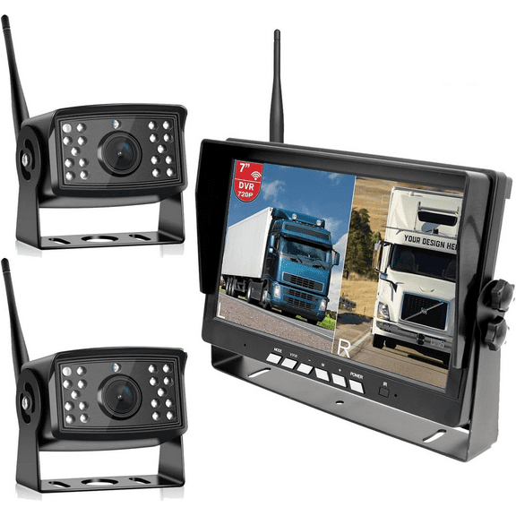 Vehicle 720P Digital Wireless Backup Camera System 7inch AHD IPS Monitor 1024X600 DVR Loop Recording  2pcs IP69K Waterproof IR Wireless Reversing Camera Dash Camera for Car Truck Bus RV Trailer