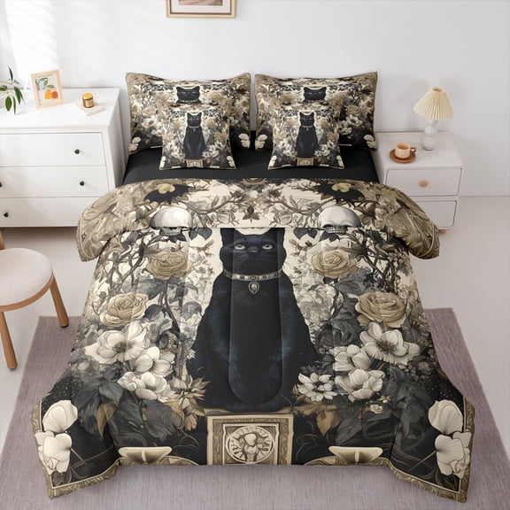 Homewish Skull Black Cat 7-Piece Twin Bedding,Vintage Flowers Bedding Comforter Set,Cream Black,Halloween Bed Set,Black Reversible