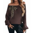 thumbnail image 2 of Female Bows Sweater Off the Shoulder Pullover Sweaters Oversized Long Sleeve V Neck Knit Tops Brown L, 2 of 10