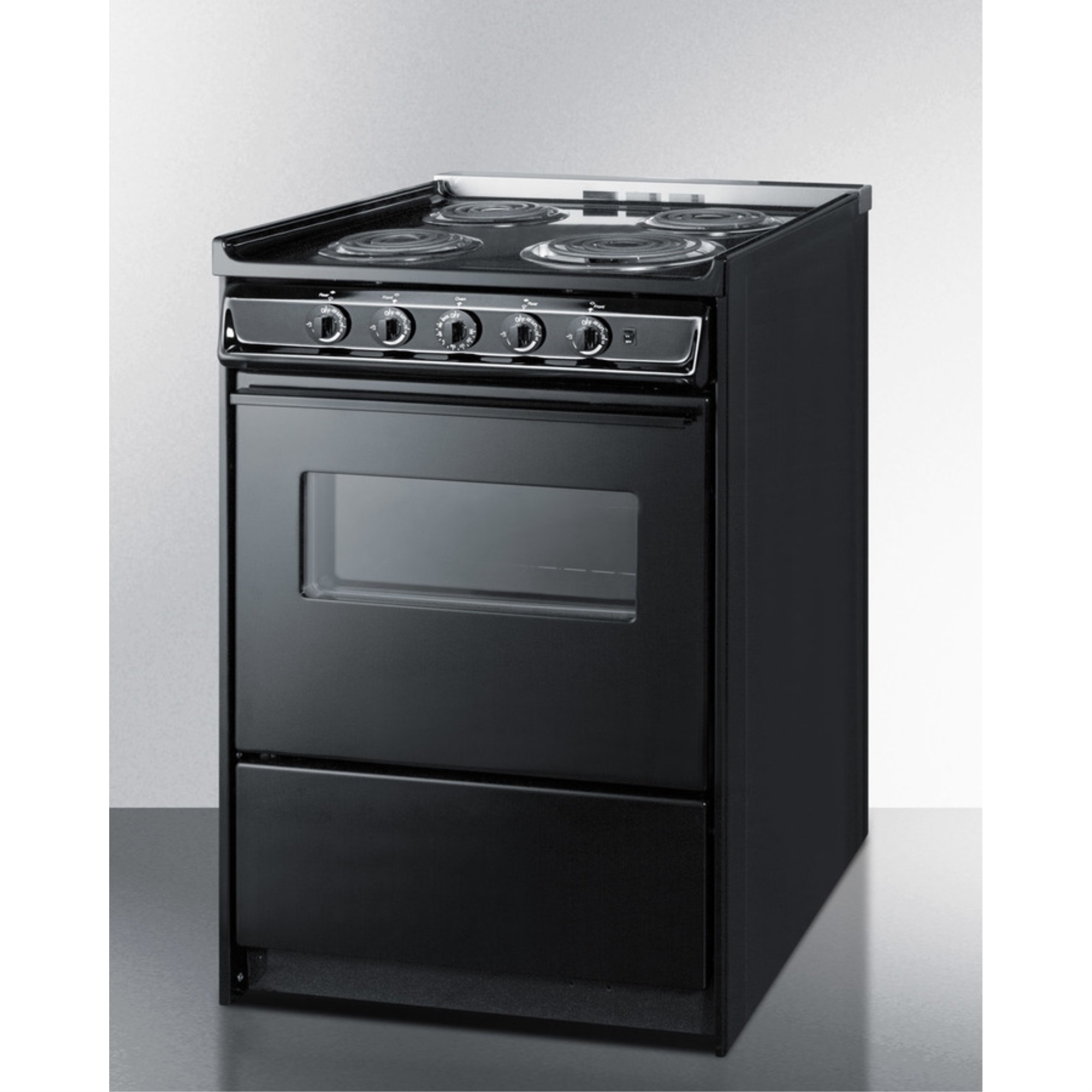 24" wide slide-in style electric coil range in black with window