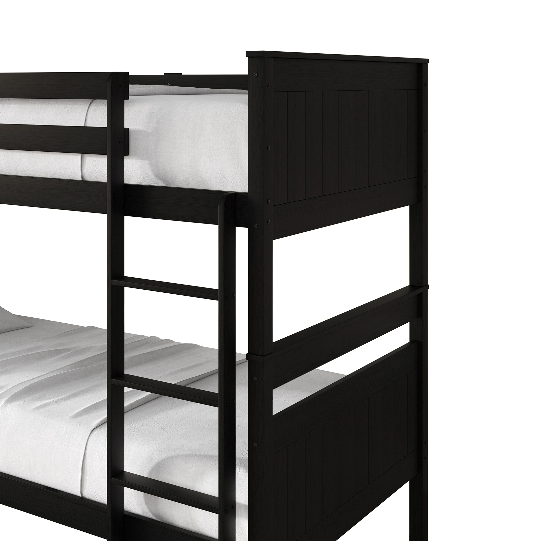 Home Design Lorain Twin over Twin Solid Wood Bunk Bed with Sturdy Guardrails and Ladder, Black, Easy Assembly