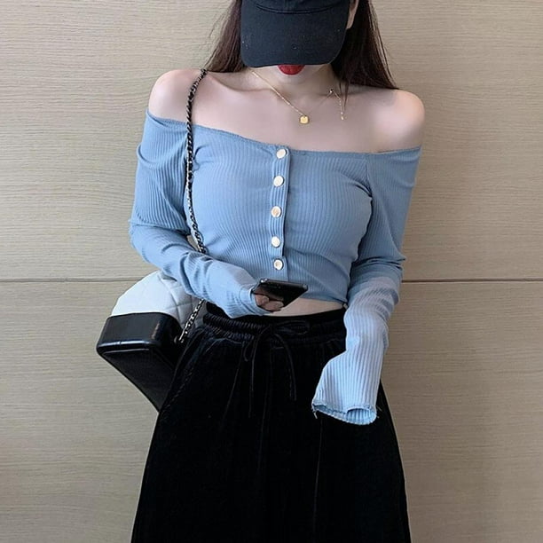 Kawaii Vetements Exposition Nombril T shirt Version Coreenne du Bouton de Couleur un Seul Mot Col Slash Chemise de Cou Walmart