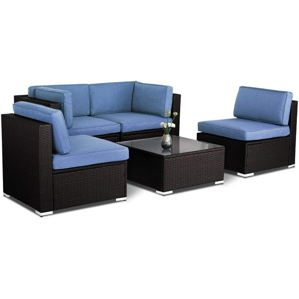 Suncrown 5pcs Outdoor Furniture Patio Conversation Set All Weather Chocolate Brown Wicker Sectional Sofa With Washable Cushion Glass Coffee Table Denim Blue Com - Chocolate Brown Wicker Patio Furniture Suncrown 5pcs Outdoor Furniture Patio Conversation Set All Weather Chocolate Brown Wicker Sectional Sofa With Washable Cushion Glass Coffee Table Denim Blue Com - Chocolate Brown Wicker Patio Furniture