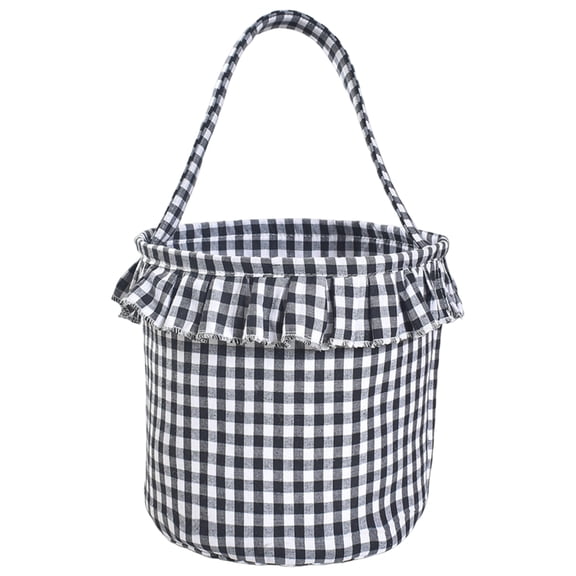 Basket with Handle Black Gingham Fabric Storage Basket 9 X 9 X 7 Inch 1 Pack for Halloween Trick Or Treat Candy and Home Organization