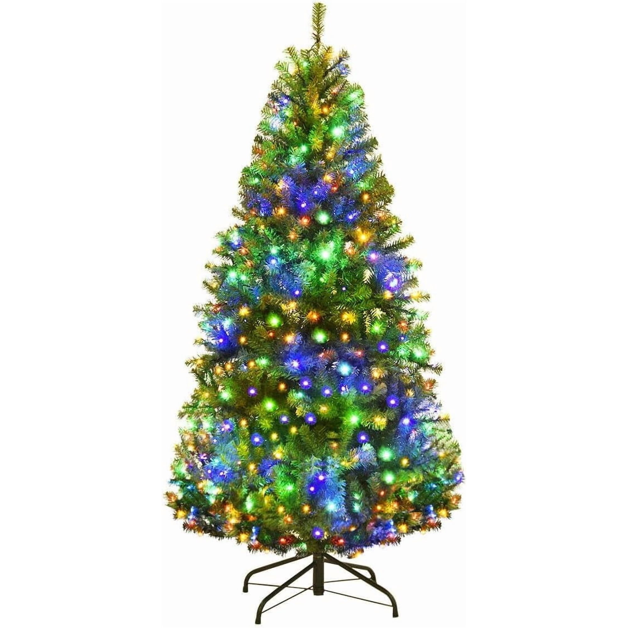 Pre-Lit Artificial Christmas Tree Hinged Xmas Full Tree with Dual-Colored LED Lights Flash Modes PVC Branch and Foldable Base for Indoor Holiday Decor