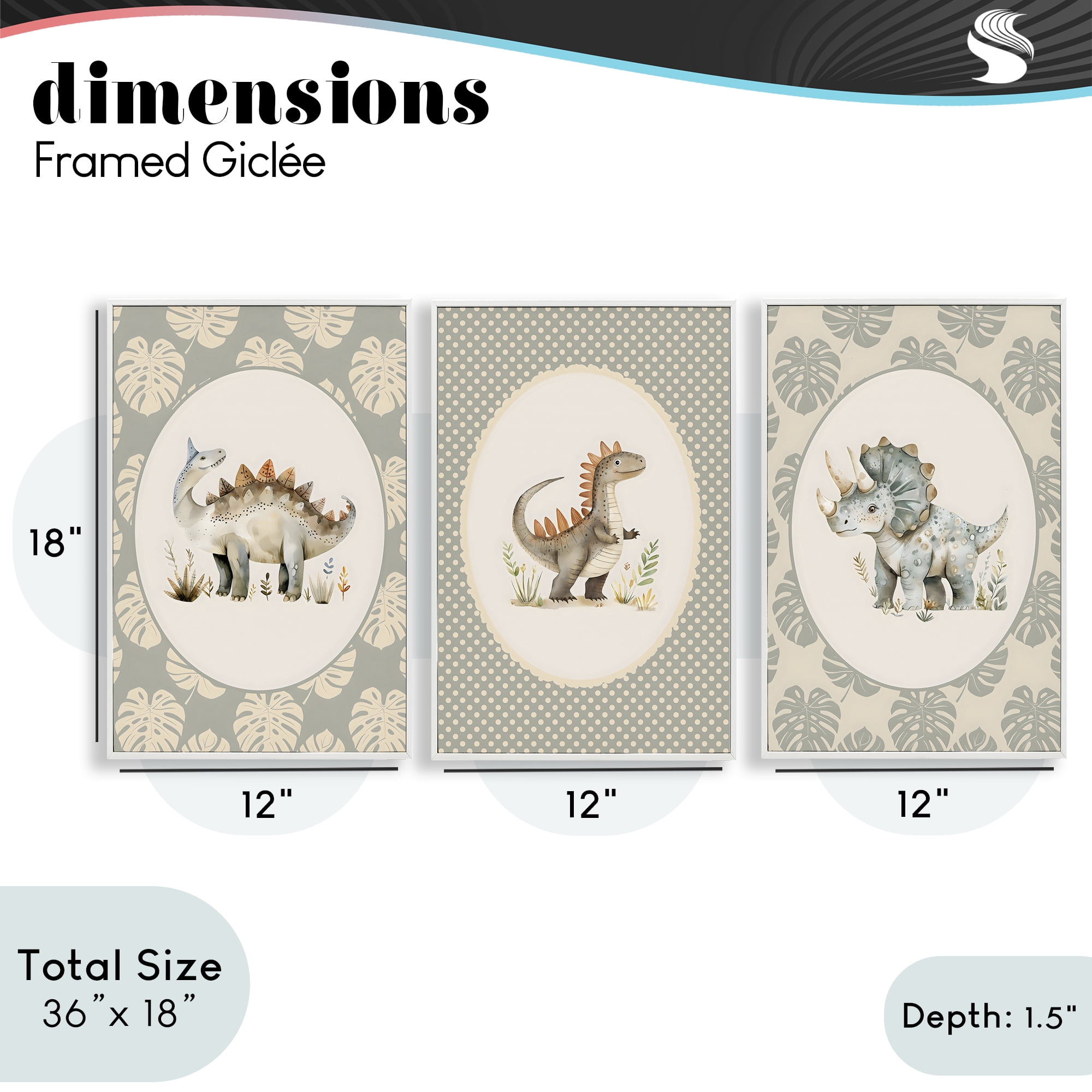 Stupell Industries Nursery Dinosaurs Tropical Border 3 Piece White Framed Giclee Art Set, design by LSR Design Studio