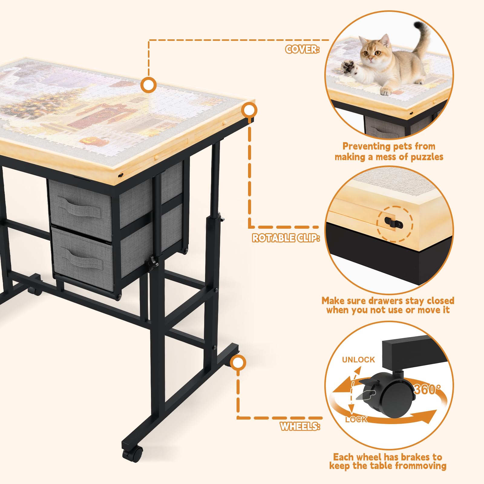 Jigsaw Puzzle Table for Adults with 6 Drawer and Legs, 1500 Pieces Puzzle Table with Protective Cover&Wheels, Adjustable Height and Five up Angles, Natural&Gray