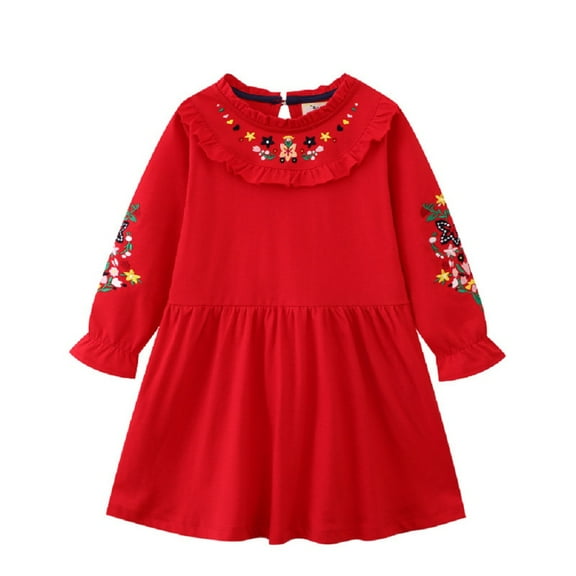 Godderr Girls Embroidery Dress for Kids Baby 2-7T Doll Collar Long Sleeve Cotton Casual Dress Toddler Knitted Spring Autumn Princess Dress