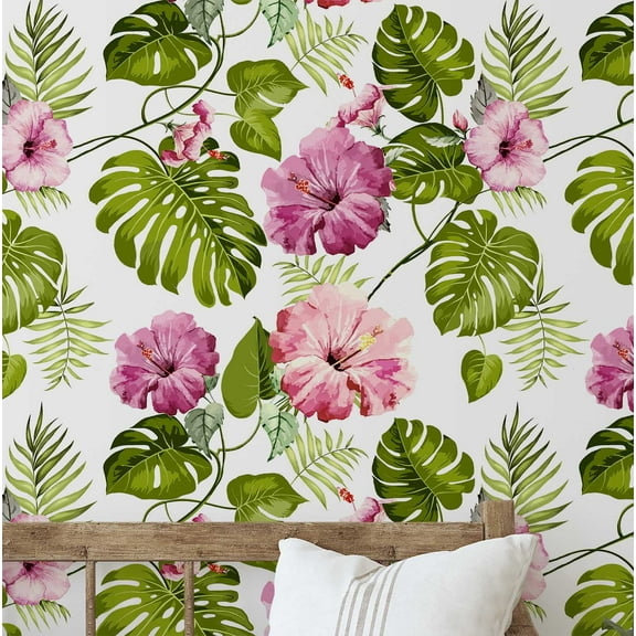 S4Sassy Hibiscus Floral Wallpaper Green Wall Covering, 25" x 360" Self-Adhesive Vinyl Wallpaper, Decorative Wall Wrap, Easy DIY Decor For Bedroom, Living Room, Cabinets, Living Spaces