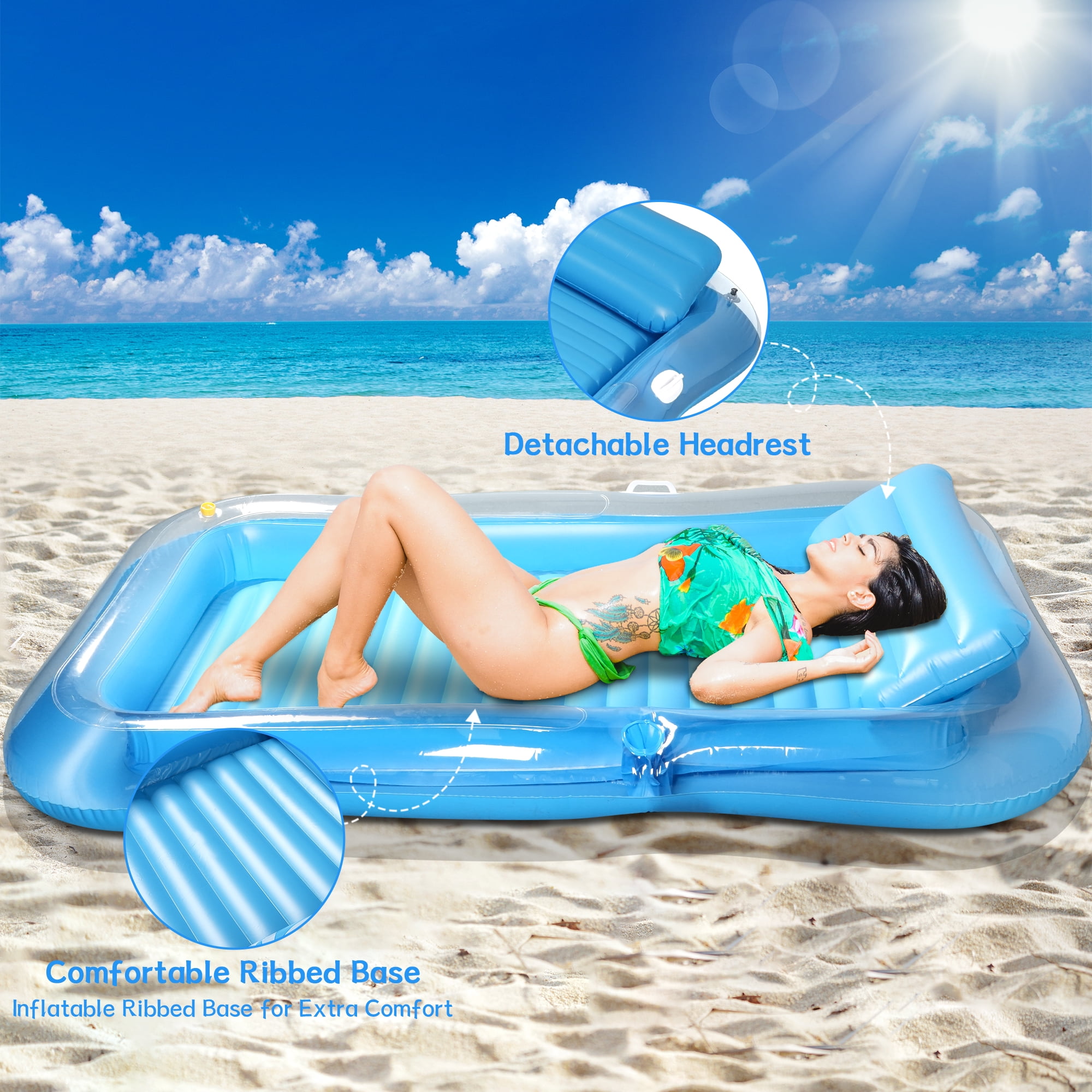 Inflatable Tanning Pool Lounger Float with Sprinkler, 81" x 53" Pool Floats Adult with Pillow, all in one Suntan Tub Raft Floatie with Drink Holder Sunbathing Water Lounge (Clear Blue)