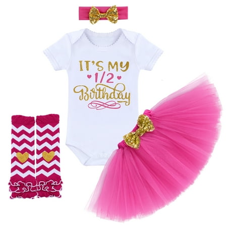 

IDOPIP It’s My 1/2 / 1st / 2nd Birthday Outfit Baby Girls Romper Tutu Skirt Headband Leg Warmers Socks Party Dress up 4PCS Clothes Set for Cake Smash Photo Shoot 6 Months Hot Pink