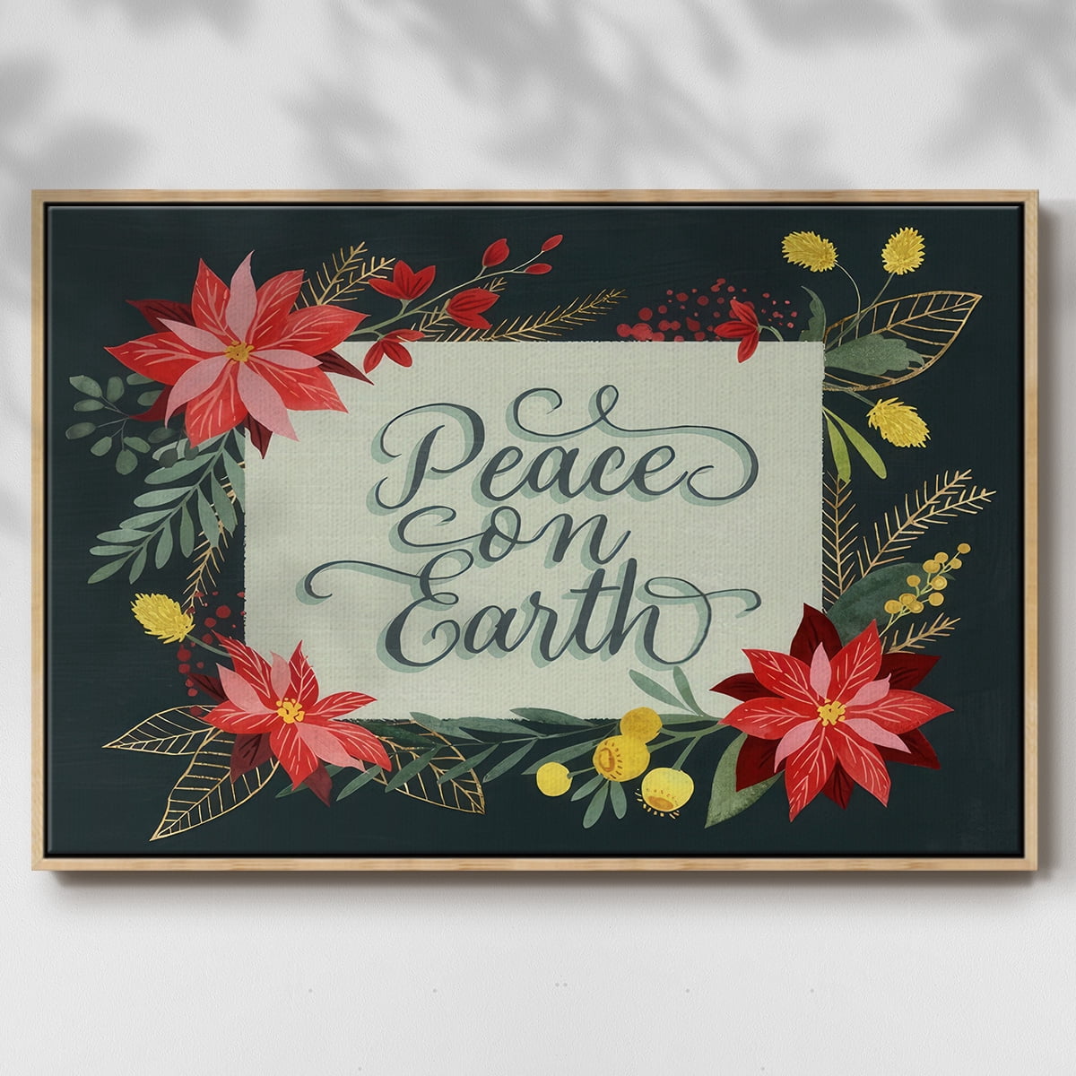 Bright Christmas Night II - Framed Gallery Wrapped Holiday Canvas - 25 x 37 - Natural Wood Frame