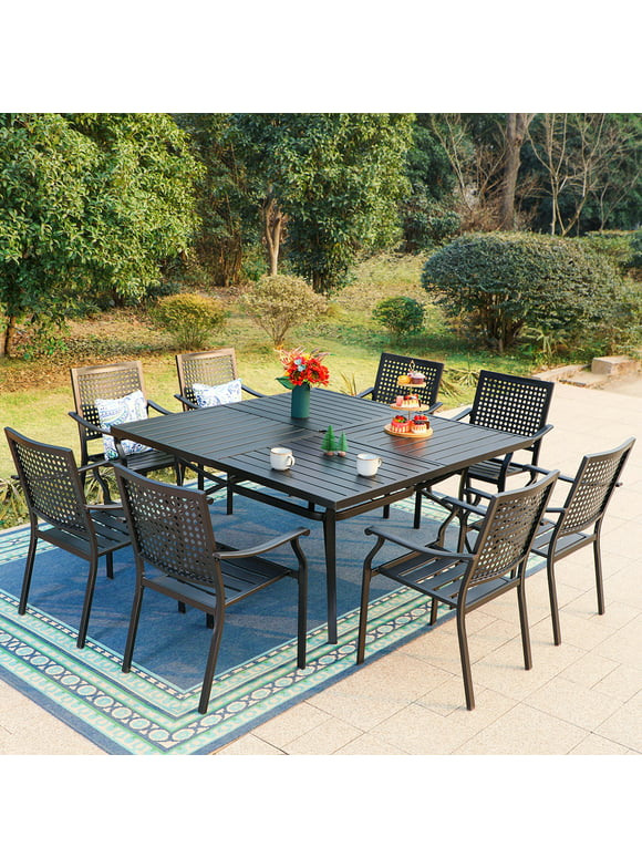 MF Studio 9-Piece Outdoor Patio Dining Set with Large Metal Steel Square Table & Stackable Chairs for 8-Person, Black