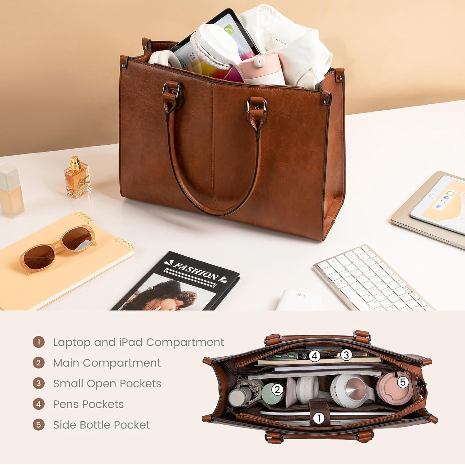 LOVEVOOK Laptop Tote Bag for Women, 15.6 Inch Large Capacity Vintage Leather Work Computer Bag, Business Casual Shoulder Handbag, Dark Brown