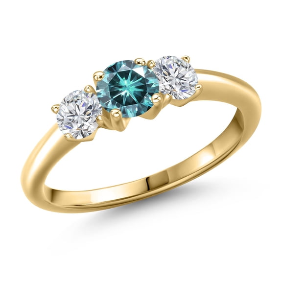 Gem Stone King 10K Yellow Gold Blue Moissanite and Lab Grown Diamond Engagement Ring for Women | 1.04 Cttw | Round 5MM | Gemstone Birthstone | Size 6