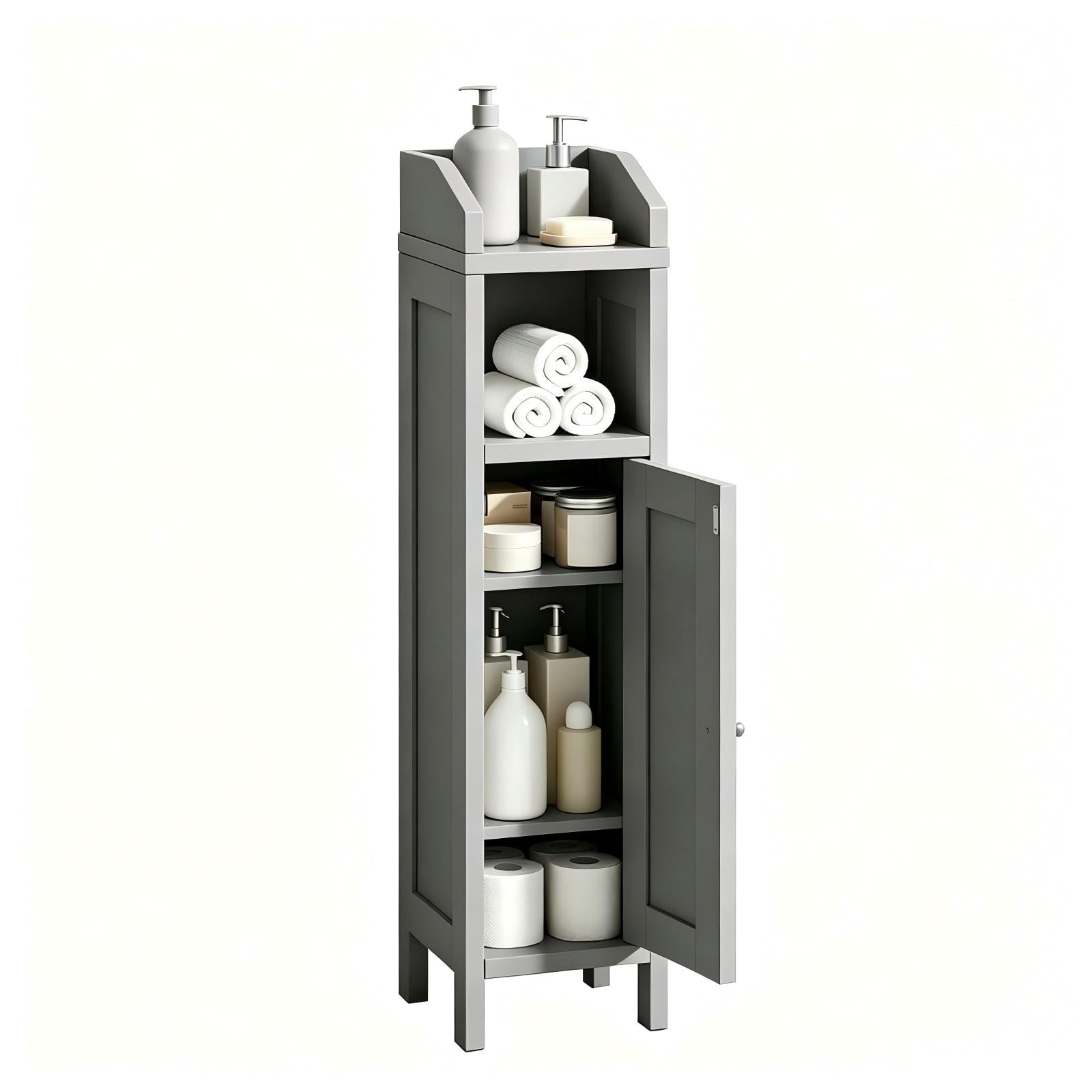 Grey Bathroom Floor Cabinet with Door and Shelf, 7.87 x 7.87 x 31.5 in