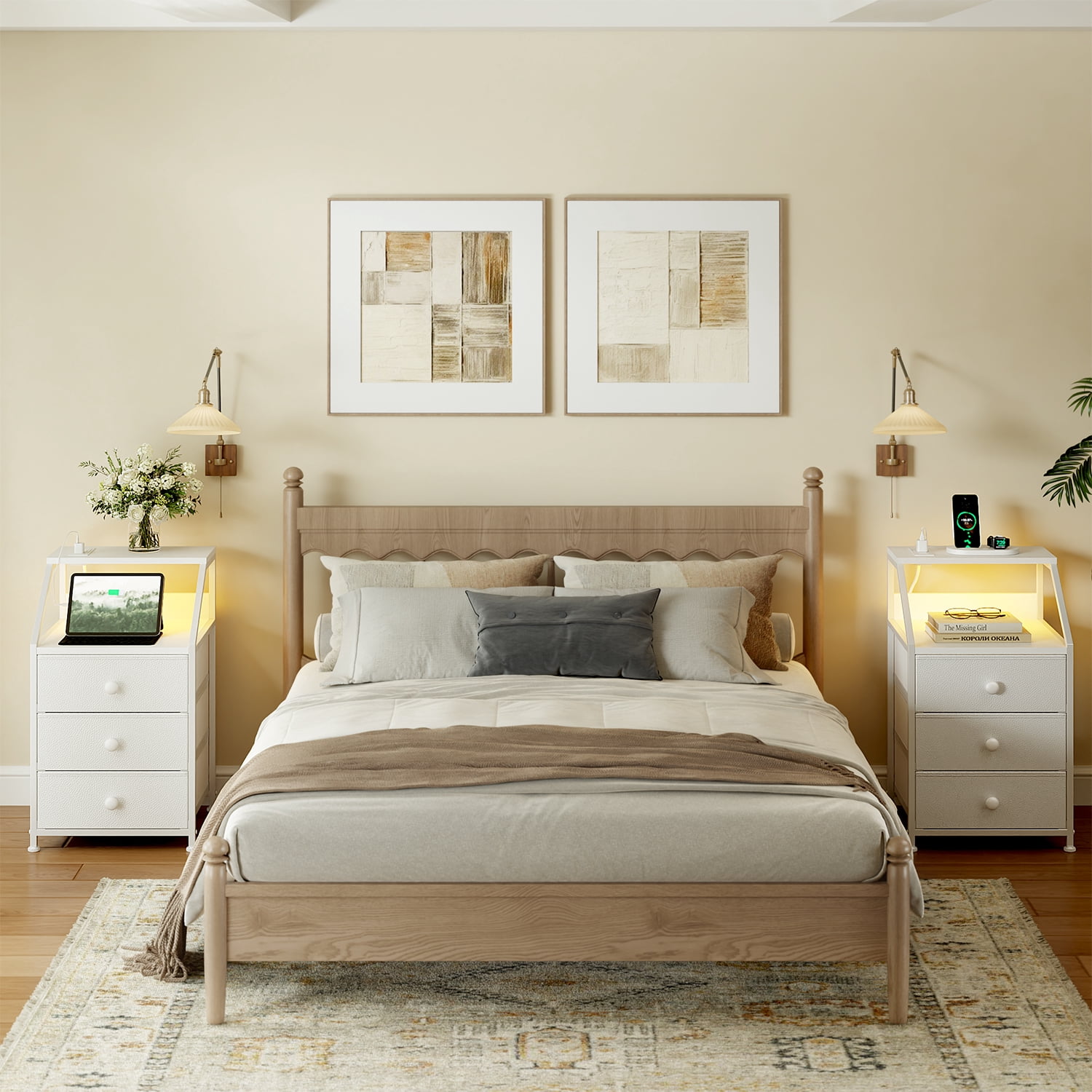 GUNAITO Led Nightstand Set of 2 with Charging Station Side Table with 3 Drawers End Table with Open Shelf Bedside Table with USB Ports and Outlets Nightstand for Bedroom,White