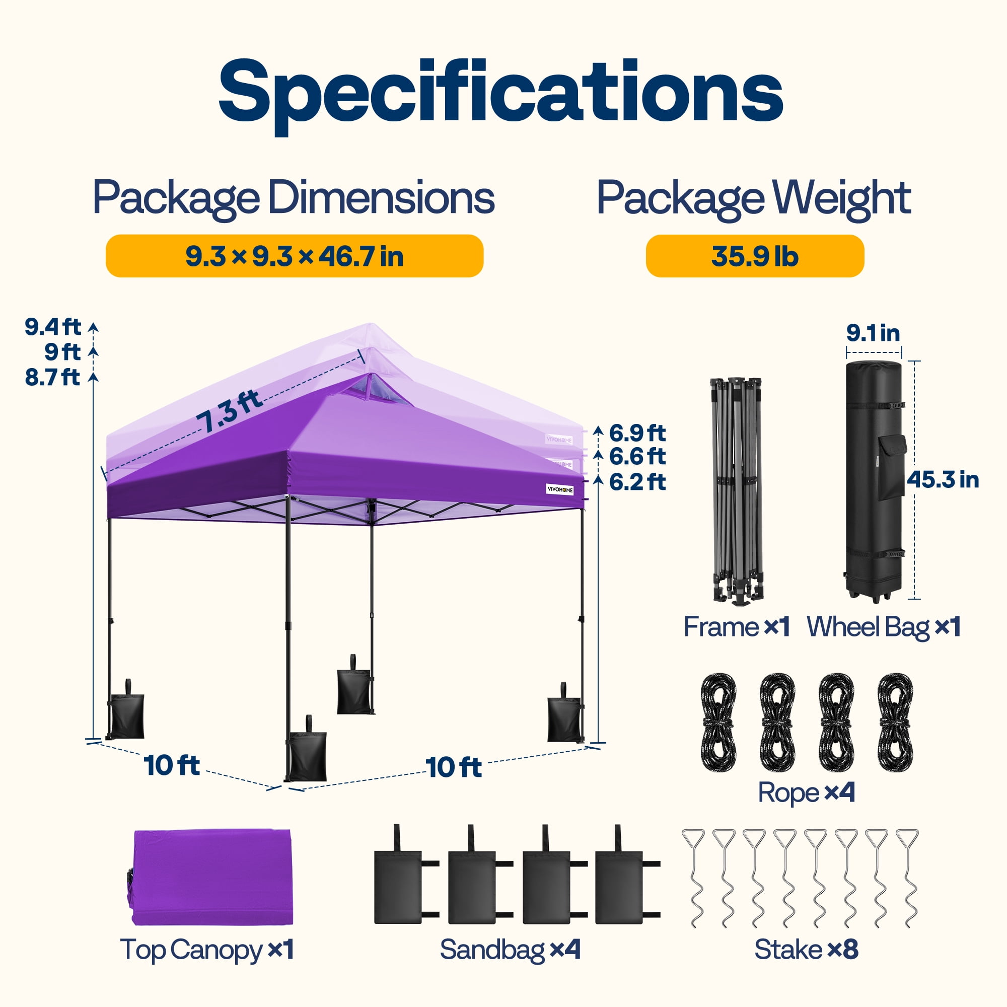 SPECSTAR 10' x10' Pop-up Canopy Tent One Push Setup Instant Tent with Center Lock, Wheel Carry Bag and 4 Sandbags for Events Parties, Purple