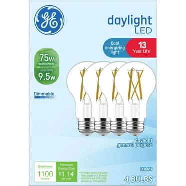 GE LED Light Bulbs, 75 Watt, Daylight, A19 Bulbs, Medium Base, Clear Finish, 13yr, 4 pack