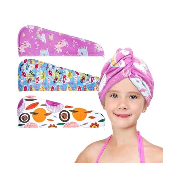 Fu997 Microfiber Hair Drying Towels for Kids, 3 Pack Wet Hair Towel Wrap Turban for Girls Children Women, Quick Dry Twisty Hair Towels Wrap for Curly Long Thick Hair Anti Frizz