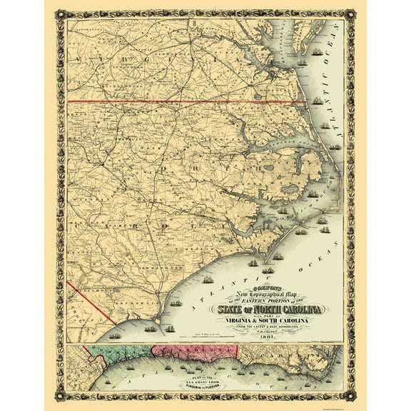 Historic State Map - North Carolina Eastern Portion - Colton 1861 - Vintage Wall Art