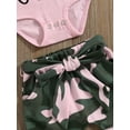 thumbnail image 6 of Bagilaanoe 3pcs Newborn Baby Girl Shorts Set Fly Sleeve Letter Print Romper Tops + Camouflage Shorts + Headband 3M 6M 12M 18M 24M Infant Casual Summer Clothes, 6 of 7