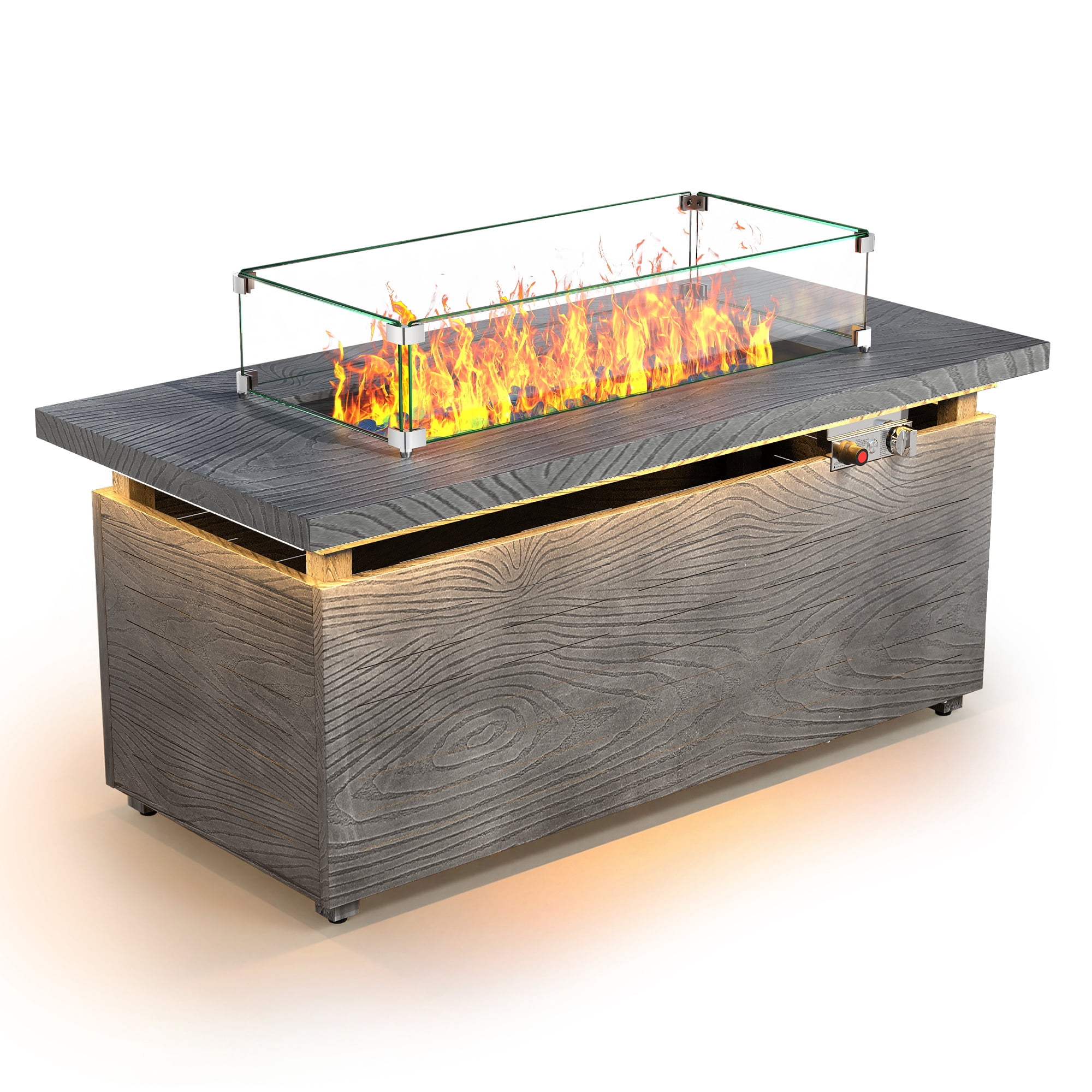 51 in. Propane Rectangular Fire Pit Table with LED Light, 50,000 BTU Coating Steel Tabletop Fire Pit (Gray Wood Grain)