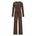 thumbnail image 4 of 2 Piece Lounge Set Women Ribbed Knit Tracksuit Long Sleeve Crop Tops Flare Pants Solid Color Slim Fitting Sets Pajamas Fall Outfits (Coffee M), 4 of 6