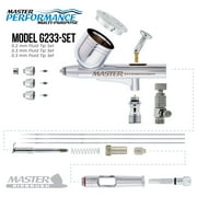 Master Performance G222 Pro Set Master Airbrush with 3 Nozzle Sets (0.2, 0.3 & 0.5mm Needles, Fluid Tips and Air Caps) and Air Hose - Dual-Action Gravity Feed Airbrush 1/3 oz Cup - Spray Art Auto