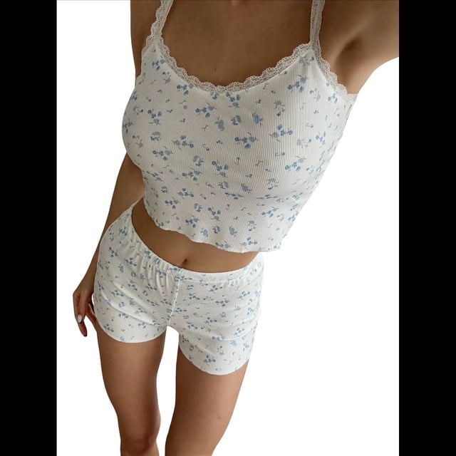 Conjunto de Pijama Acanalado con Estampado Gráfico para Mujer, Top Corto y Pantalones Cortos, Conjunto de Pijama. Azul L