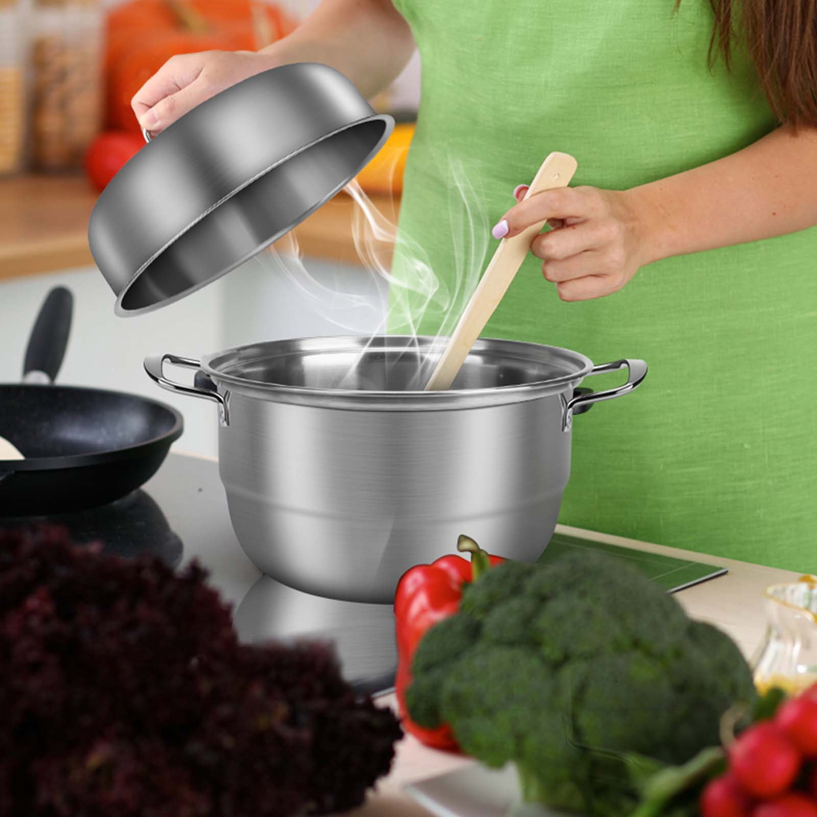 SSAWcasa Steamer Pot for Cooking 11 inch, 2 Tier Multipurpose Steaming Pot with Lid - Vegetable, Dumpling, Stock, Sauce (6Qt)