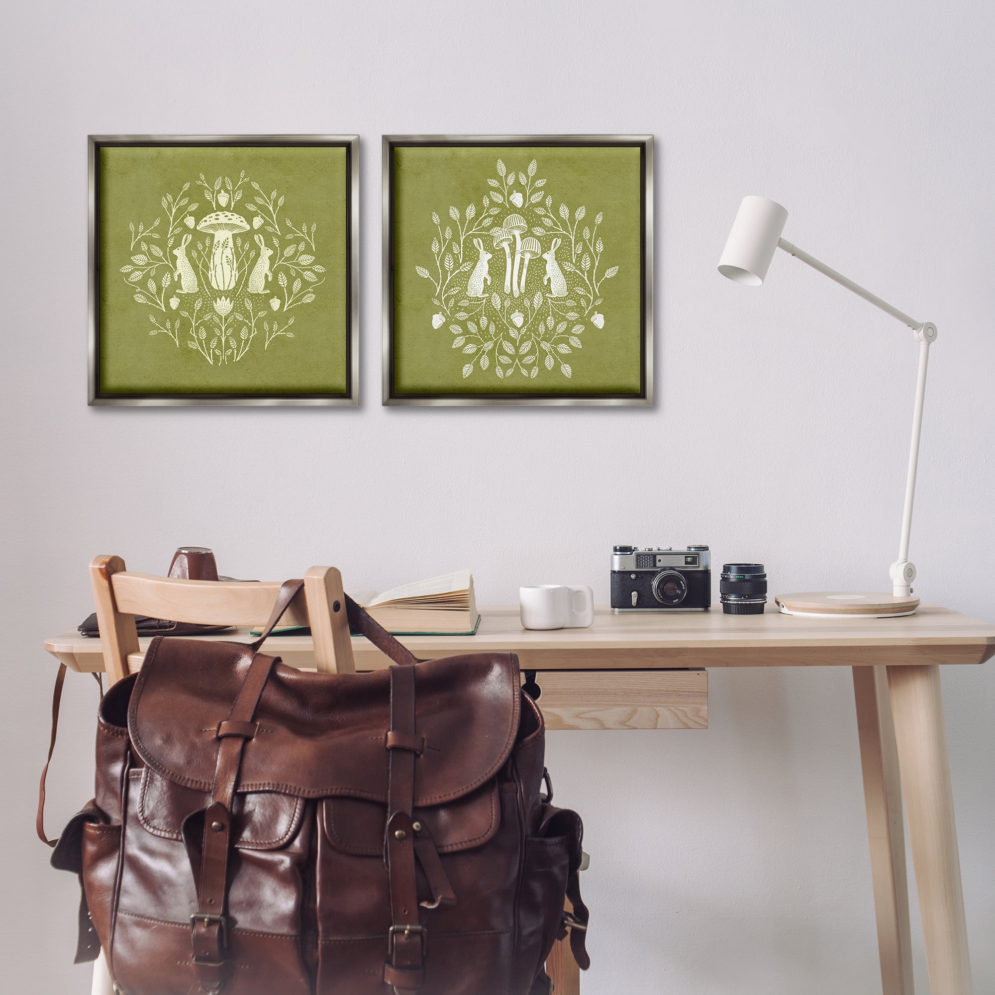 Stupell Industries Boho Bunnies & Mushrooms Animals Painting Gray Floater Framed Canvas Art Print Wall Art, 18 x 18, Set of 2